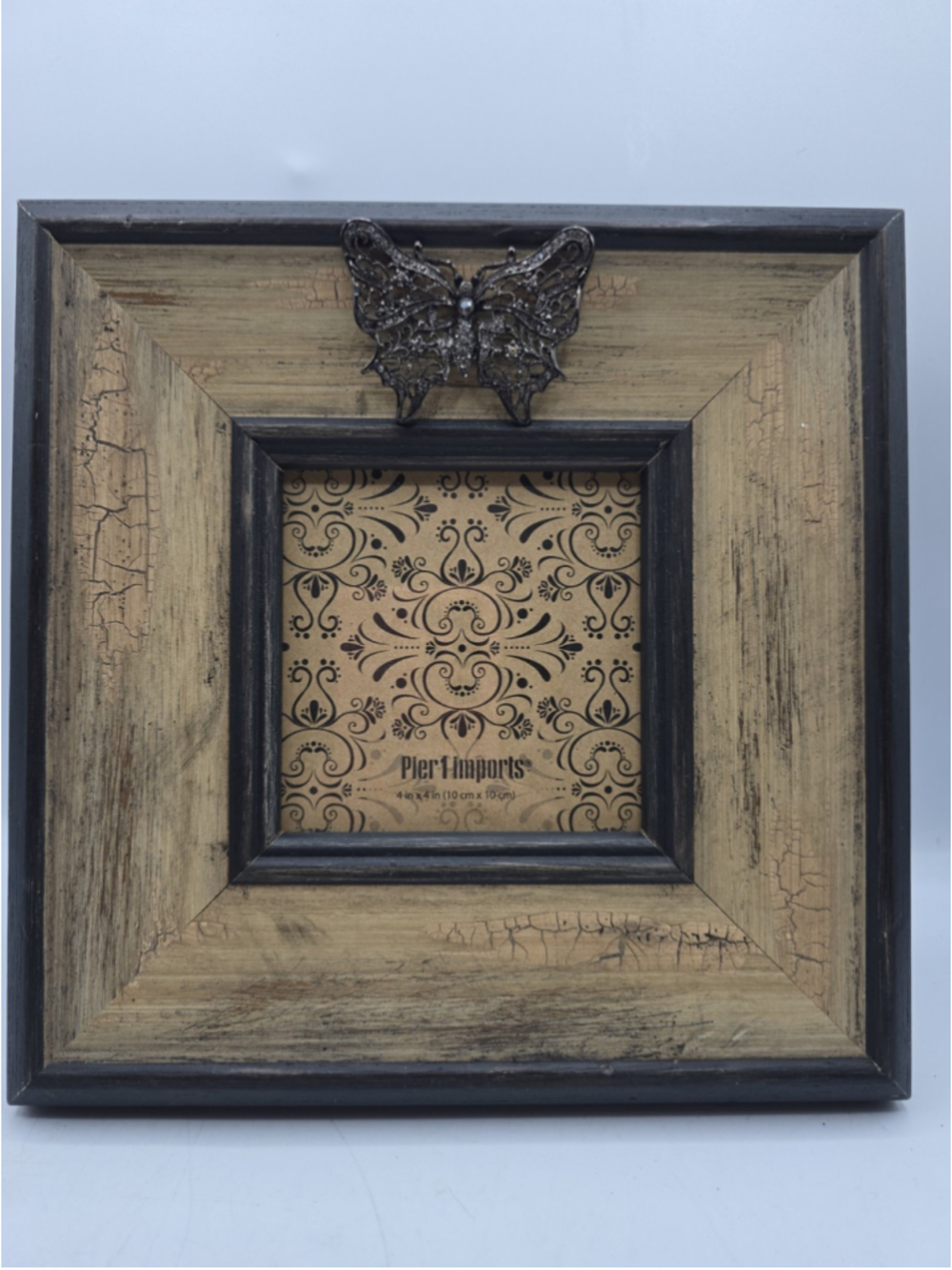 Pier 1 Distressed Wood Picture Frame 4x4 Butterfly Accent Rustic Shabby Chic